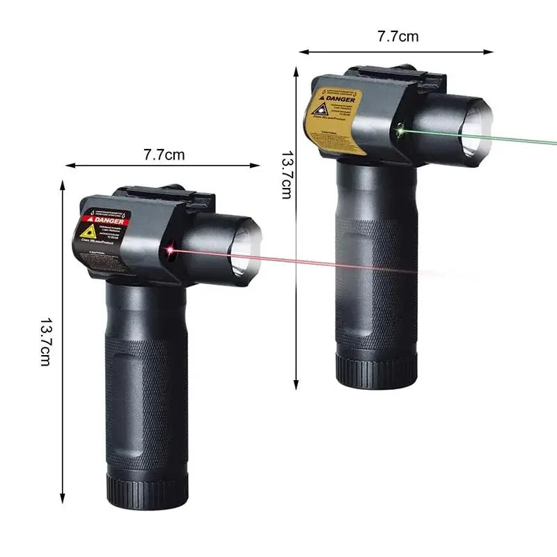 Linterna táctica metálica 3 en 1 con empuñadura delantera y láser de punto rojo o verde